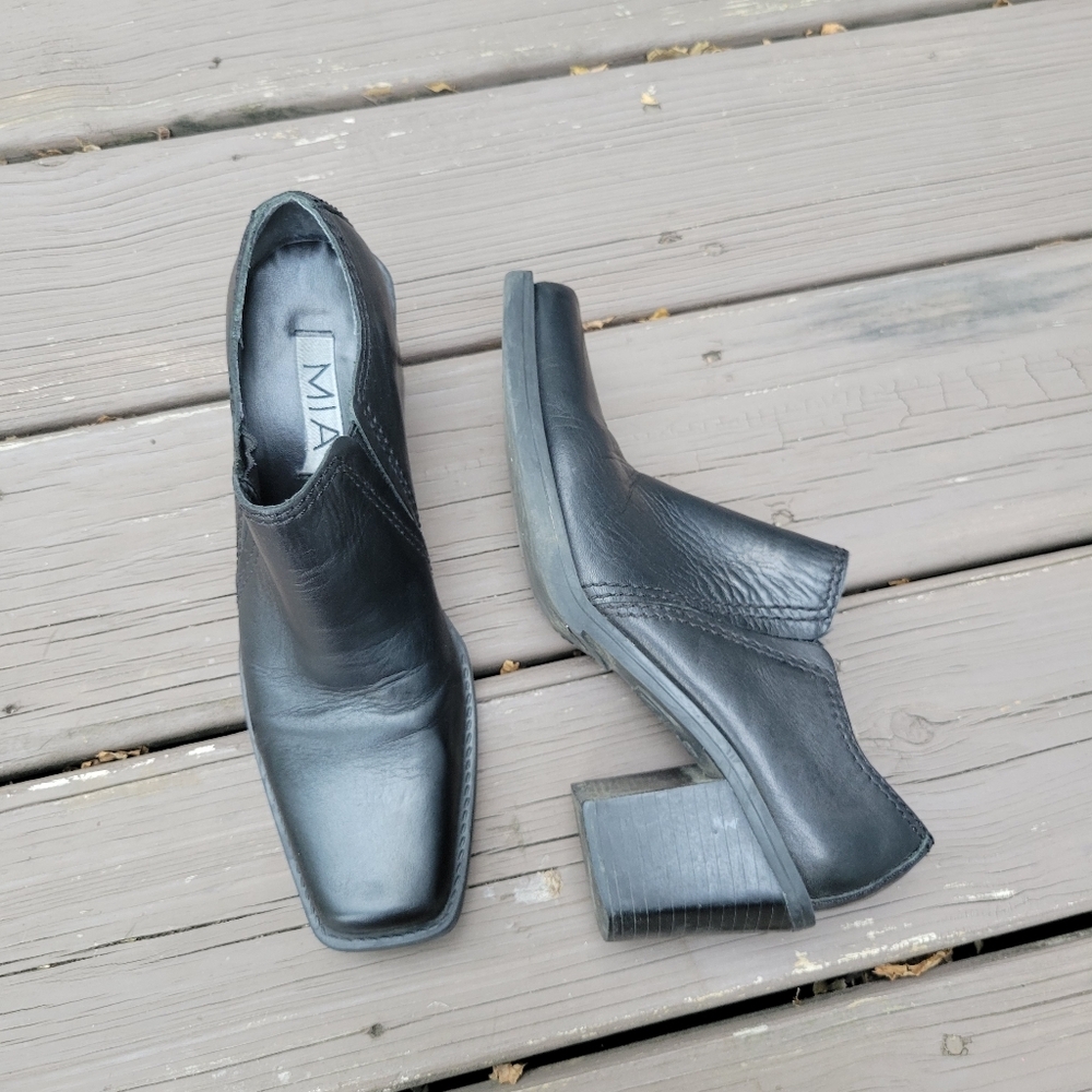 Vintage 90s y2k MIA‎ Square Toe Chunky Heel Black Leather Low Boots Booties 7.5